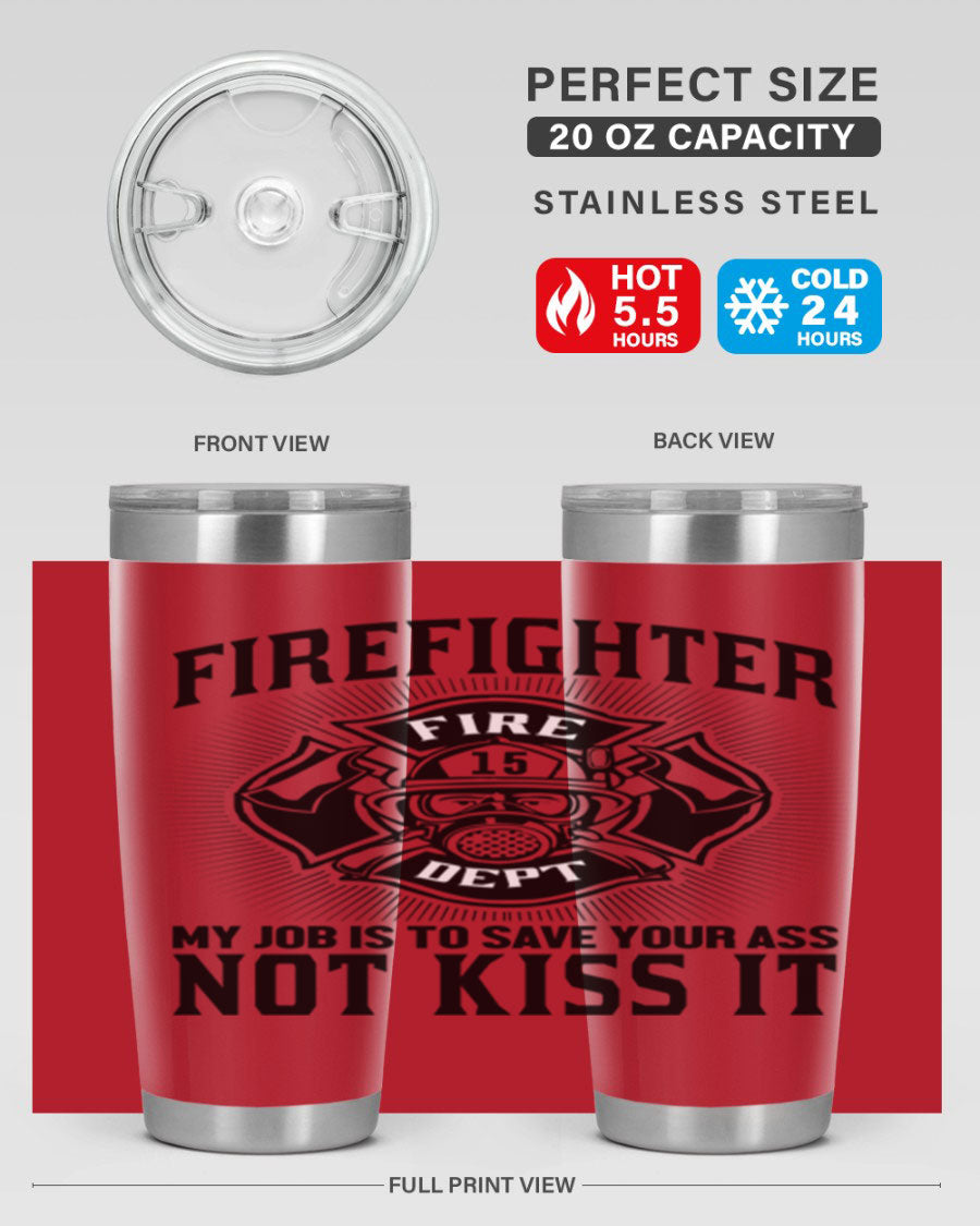 Fire Fighter my job Style 83# tumbler in stainless steel with a drink-thru lid, showcasing its double wall vacuum insulation.