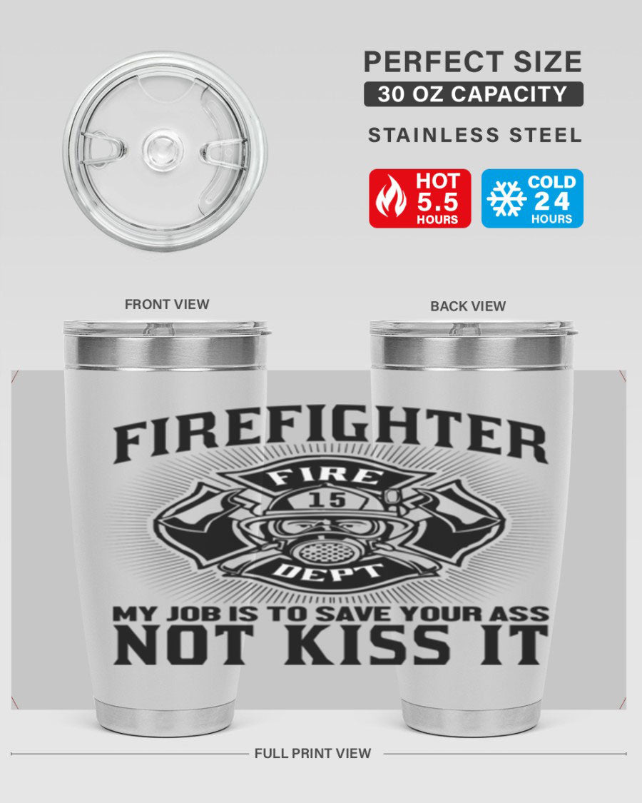 Fire Fighter my job Style 83# tumbler in stainless steel with a drink-thru lid, showcasing its double wall vacuum insulation.