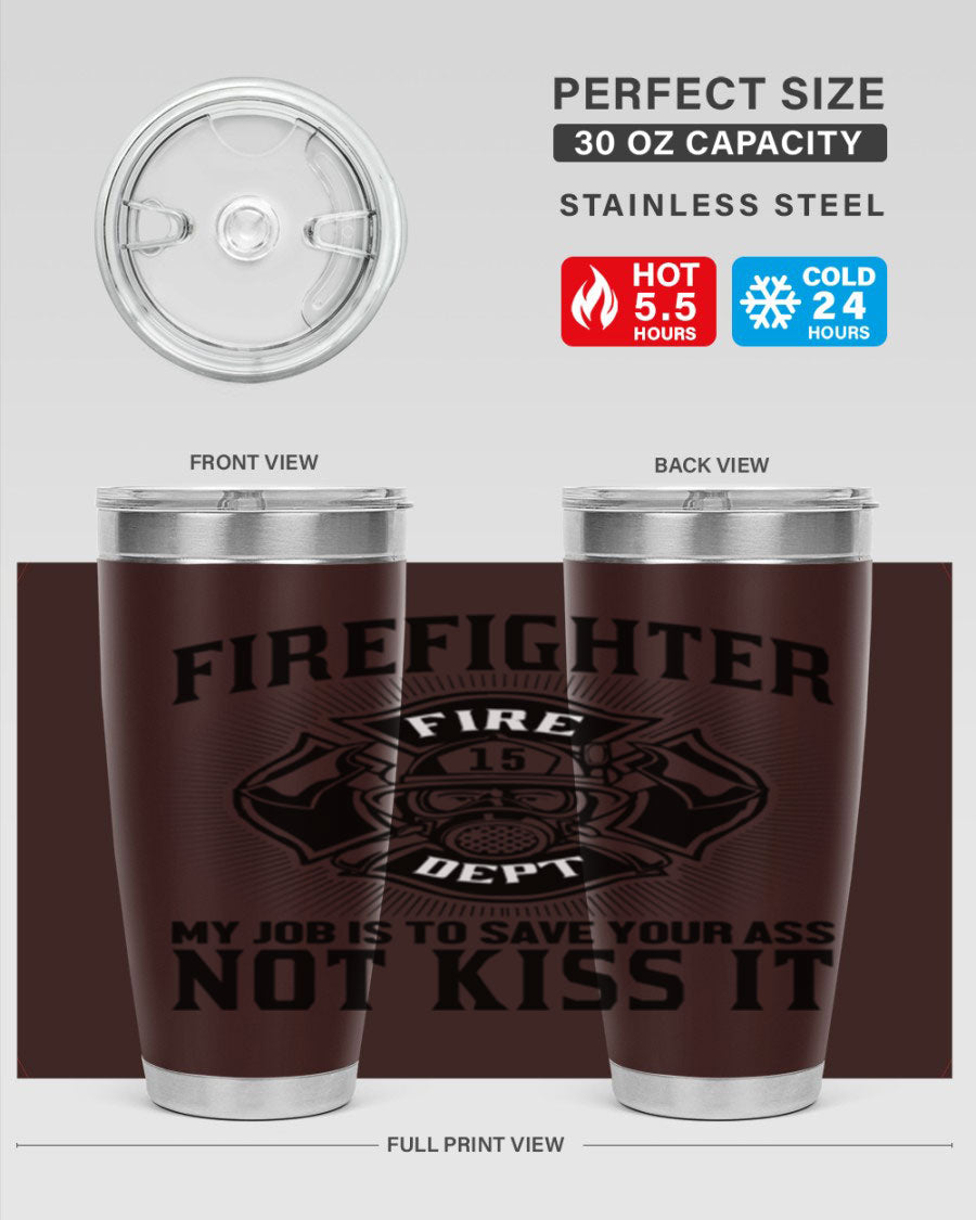Fire Fighter my job Style 83# tumbler in stainless steel with a drink-thru lid, showcasing its double wall vacuum insulation.