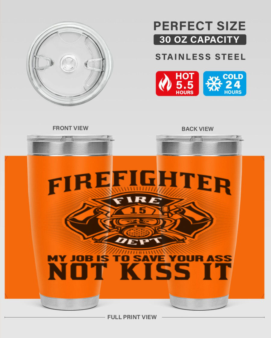 Fire Fighter my job Style 83# tumbler in stainless steel with a drink-thru lid, showcasing its double wall vacuum insulation.