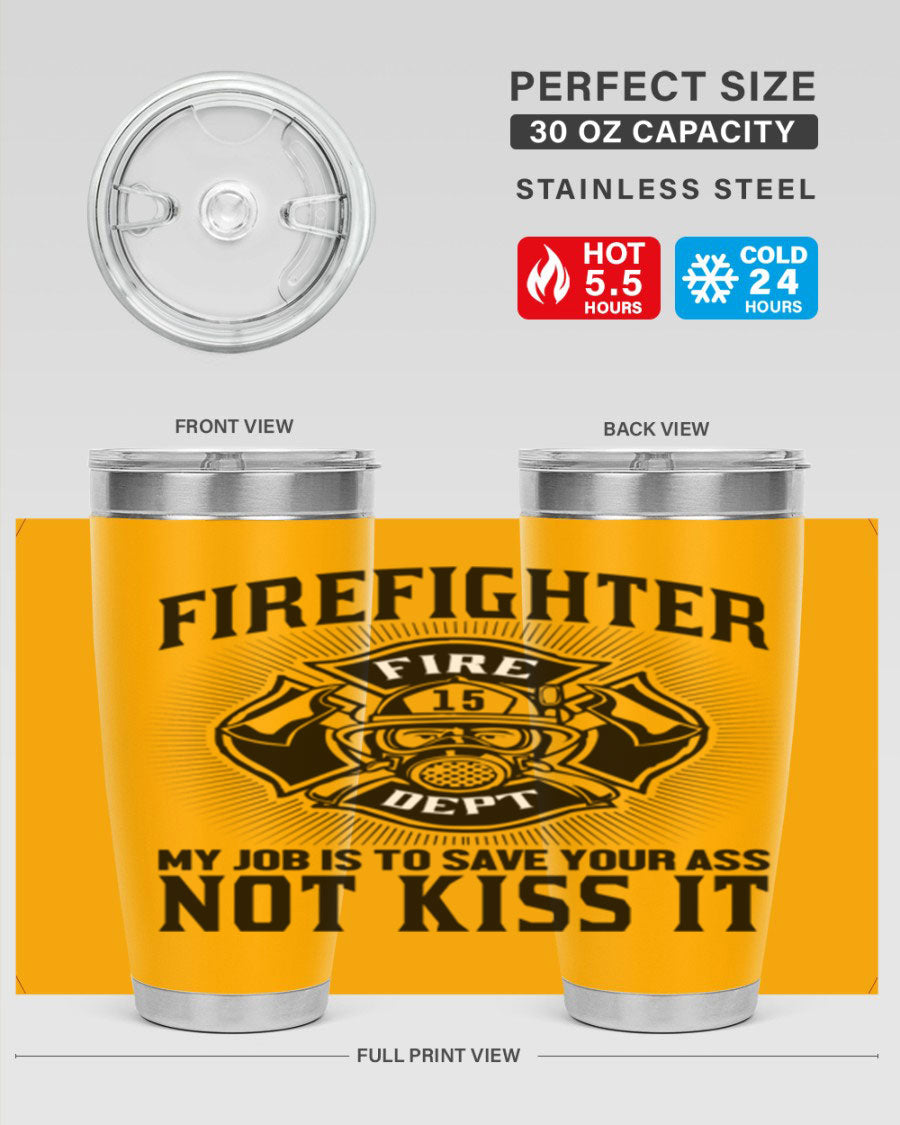 Fire Fighter my job Style 83# tumbler in stainless steel with a drink-thru lid, showcasing its double wall vacuum insulation.
