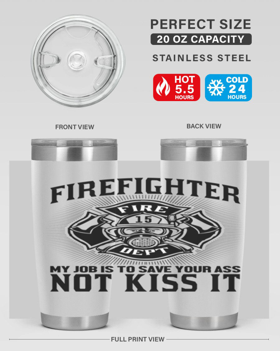 Fire Fighter my job Style 83# tumbler in stainless steel with a drink-thru lid, showcasing its double wall vacuum insulation.