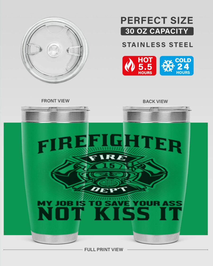 Fire Fighter my job Style 83# tumbler in stainless steel with a drink-thru lid, showcasing its double wall vacuum insulation.