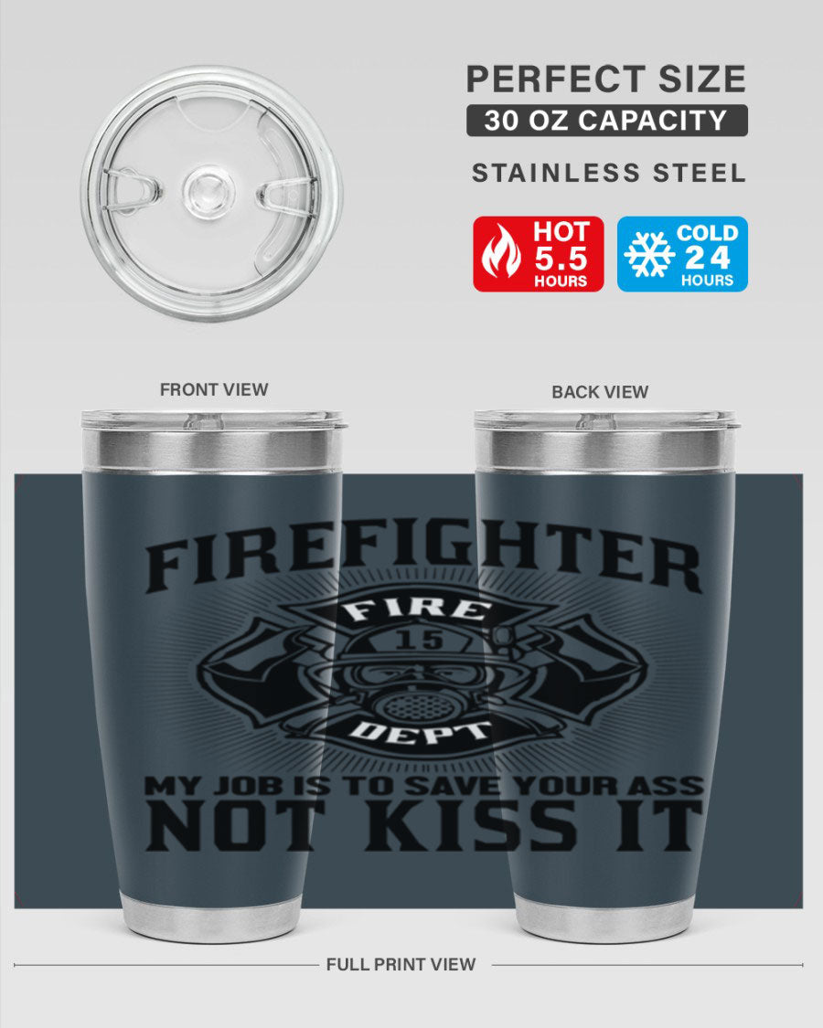 Fire Fighter my job Style 83# tumbler in stainless steel with a drink-thru lid, showcasing its double wall vacuum insulation.