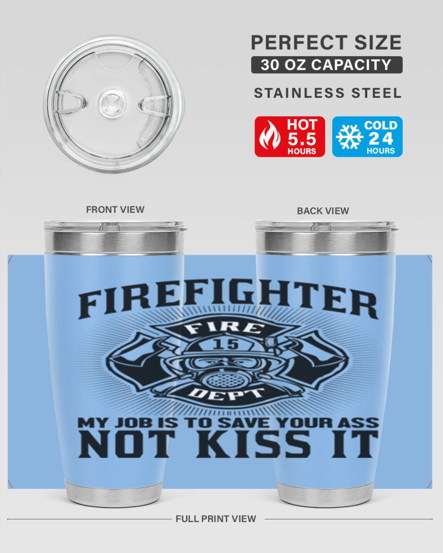 Fire Fighter my job Style 83# tumbler in stainless steel with a drink-thru lid, showcasing its double wall vacuum insulation.