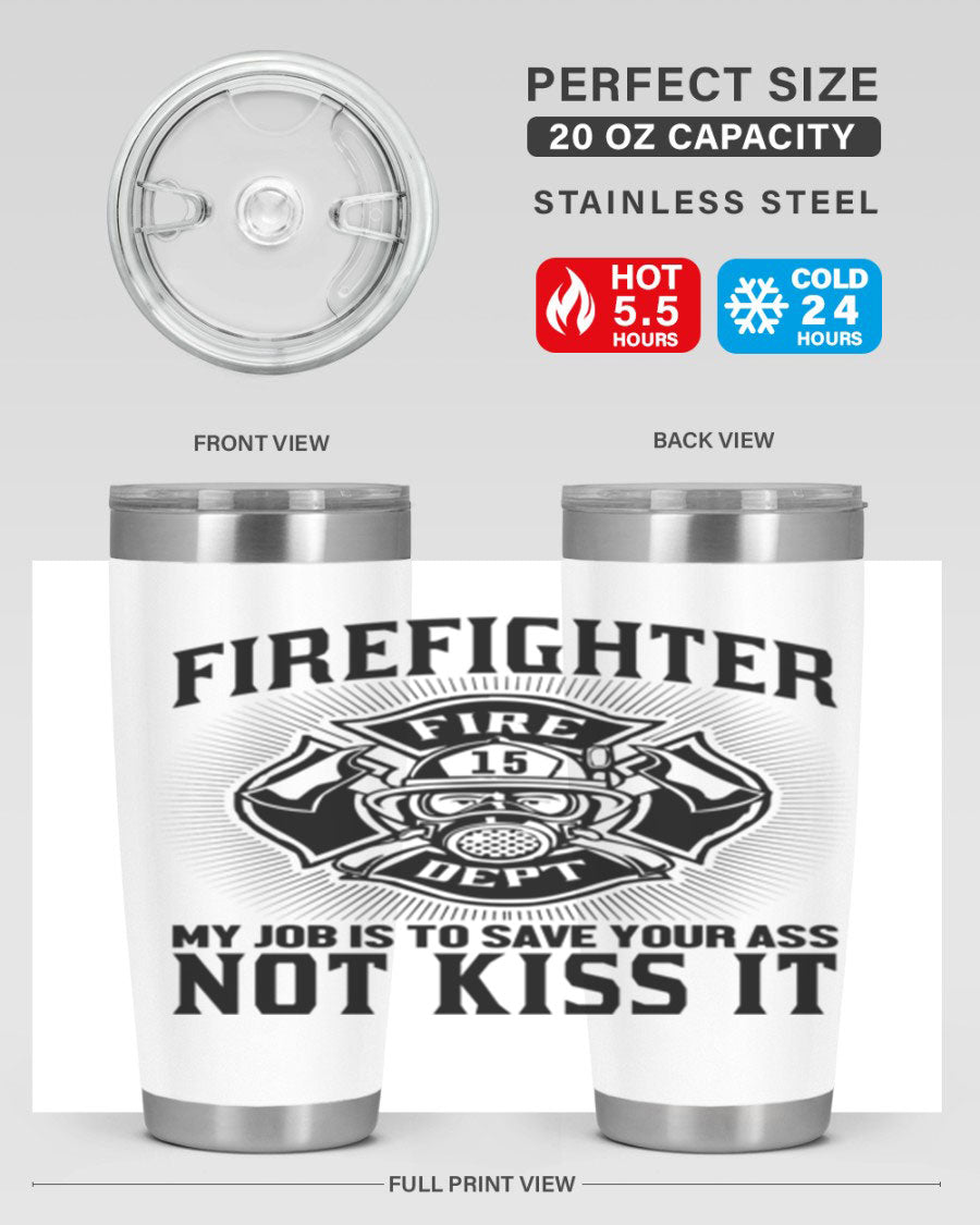 Fire Fighter my job Style 83# tumbler in stainless steel with a drink-thru lid, showcasing its double wall vacuum insulation.
