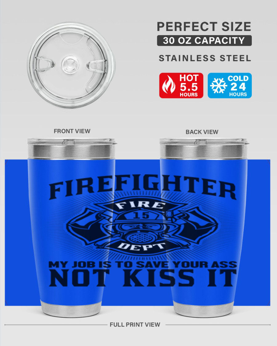 Fire Fighter my job Style 83# tumbler in stainless steel with a drink-thru lid, showcasing its double wall vacuum insulation.