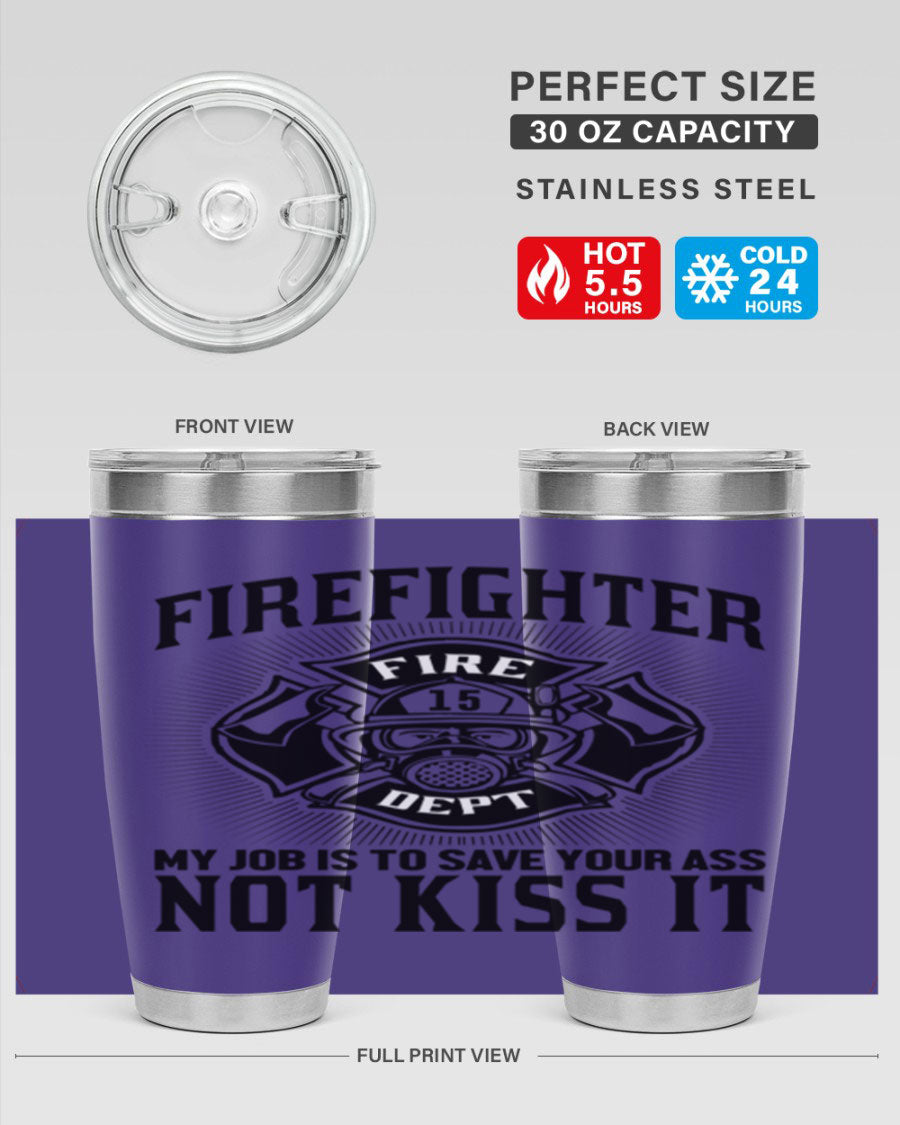 Fire Fighter my job Style 83# tumbler in stainless steel with a drink-thru lid, showcasing its double wall vacuum insulation.