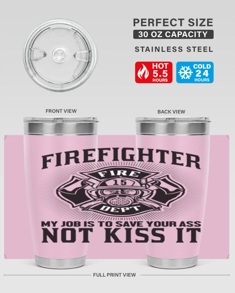 Fire Fighter my job Style 83# tumbler in stainless steel with a drink-thru lid, showcasing its double wall vacuum insulation.