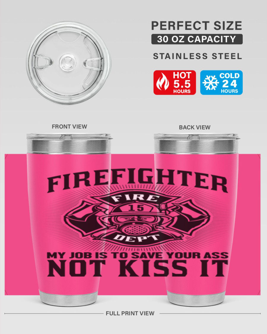 Fire Fighter my job Style 83# tumbler in stainless steel with a drink-thru lid, showcasing its double wall vacuum insulation.