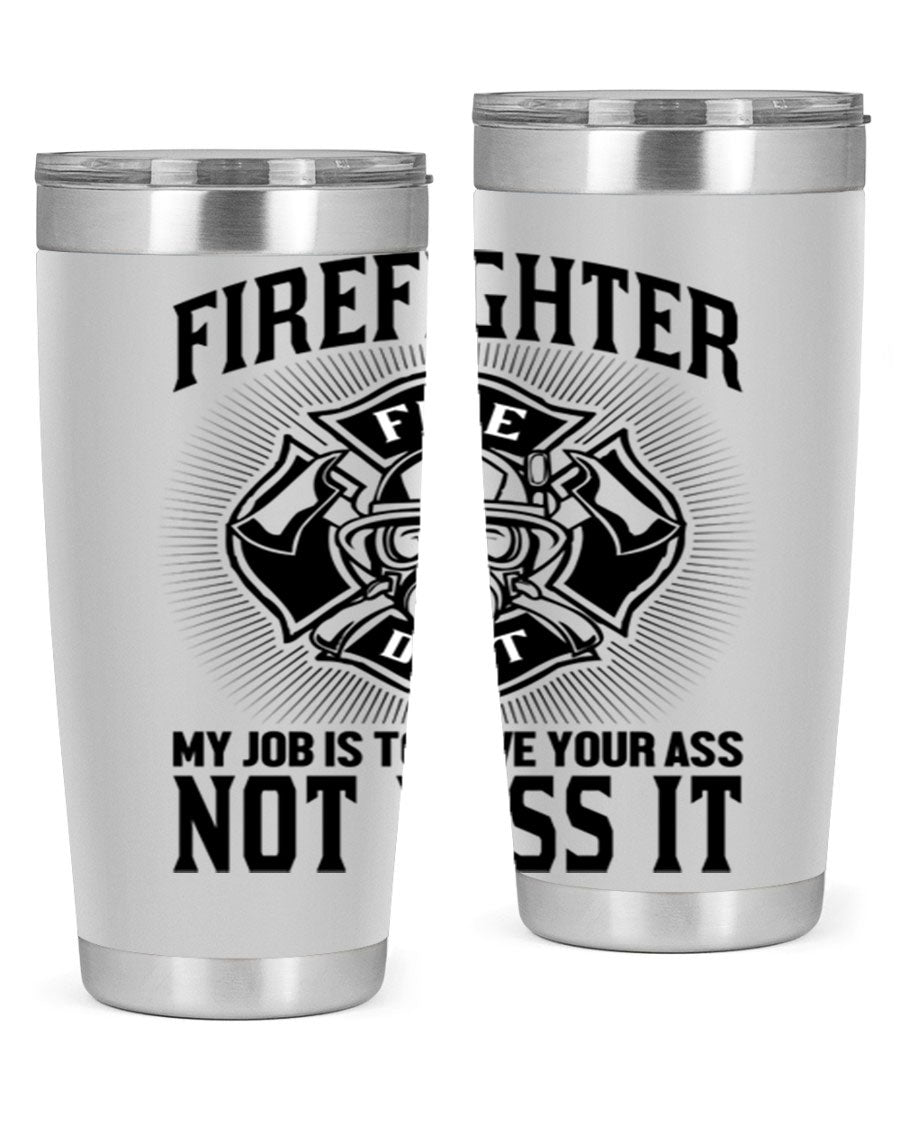 Fire Fighter my job Style 83# tumbler in stainless steel with a drink-thru lid, showcasing its double wall vacuum insulation.