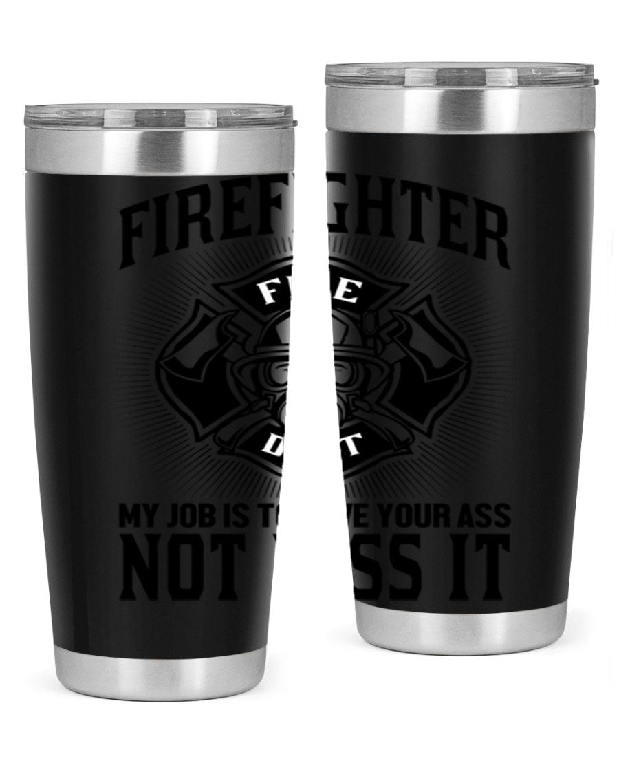 Fire Fighter my job Style 83# tumbler in stainless steel with a drink-thru lid, showcasing its double wall vacuum insulation.