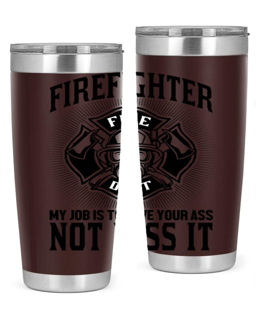 Fire Fighter my job Style 83# tumbler in stainless steel with a drink-thru lid, showcasing its double wall vacuum insulation.