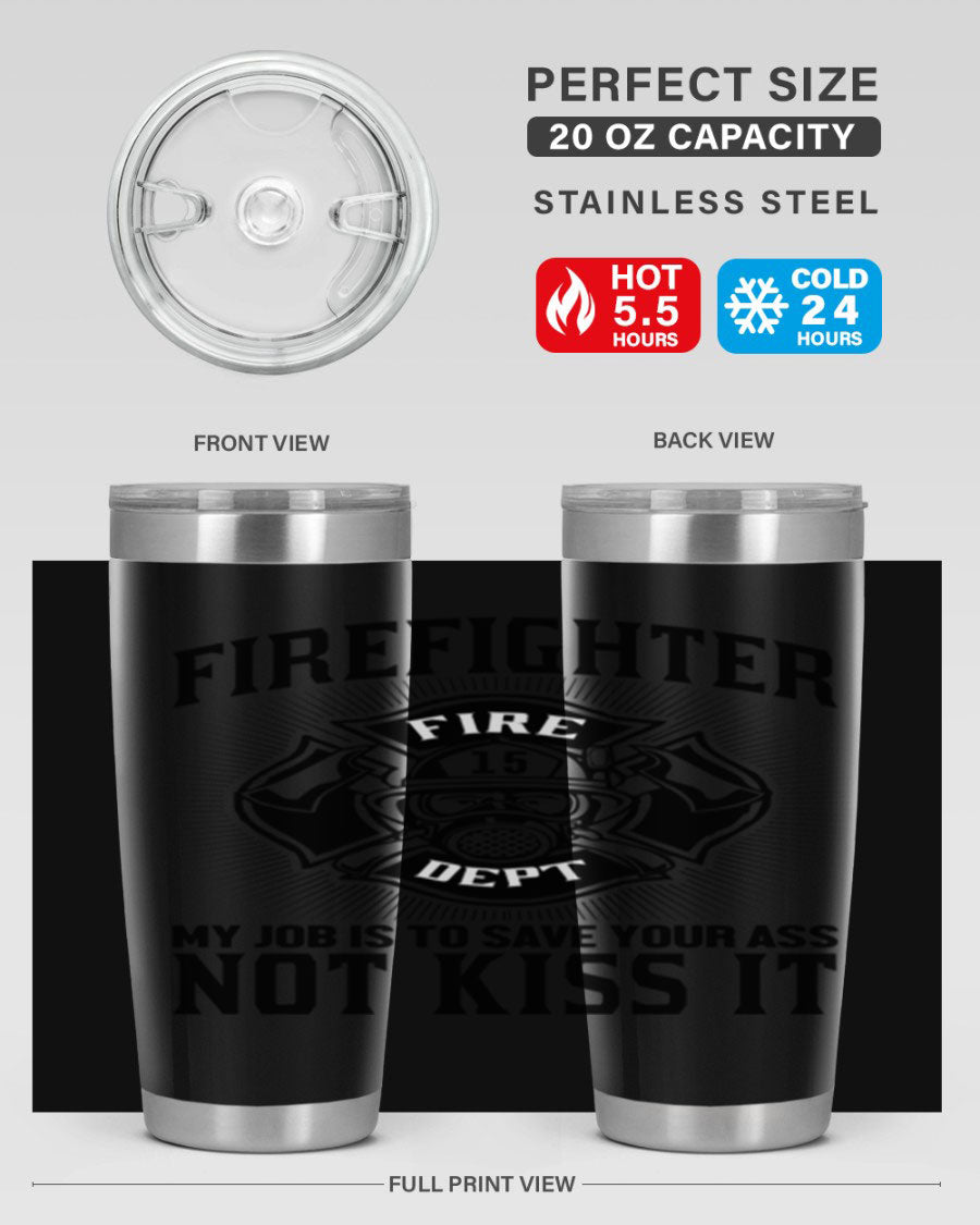 Fire Fighter my job Style 83# tumbler in stainless steel with a drink-thru lid, showcasing its double wall vacuum insulation.
