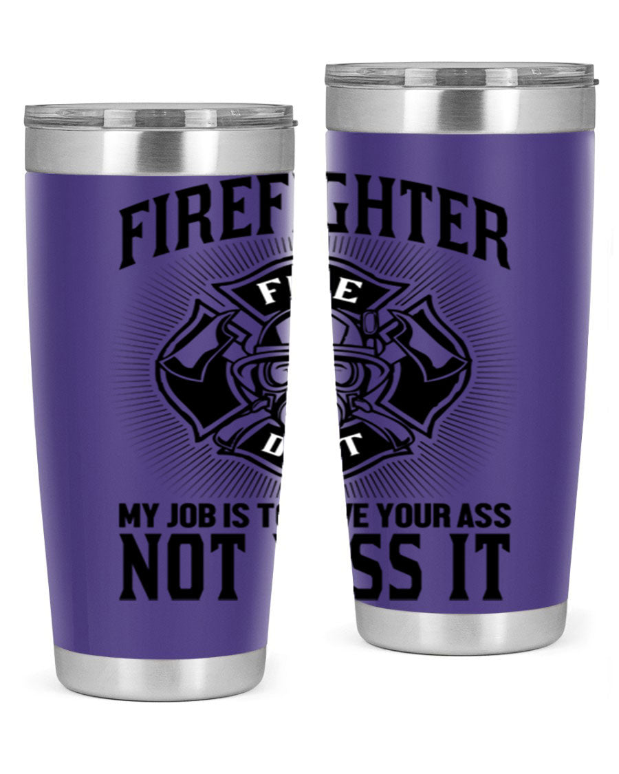 Fire Fighter my job Style 83# tumbler in stainless steel with a drink-thru lid, showcasing its double wall vacuum insulation.