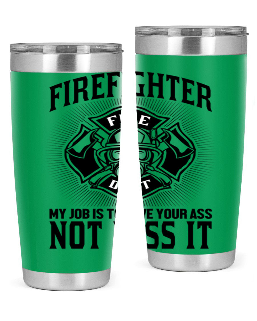 Fire Fighter my job Style 83# tumbler in stainless steel with a drink-thru lid, showcasing its double wall vacuum insulation.