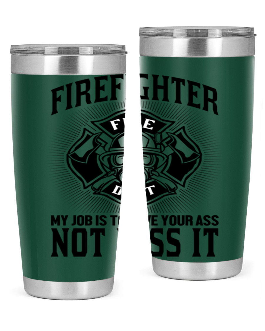Fire Fighter my job Style 83# tumbler in stainless steel with a drink-thru lid, showcasing its double wall vacuum insulation.