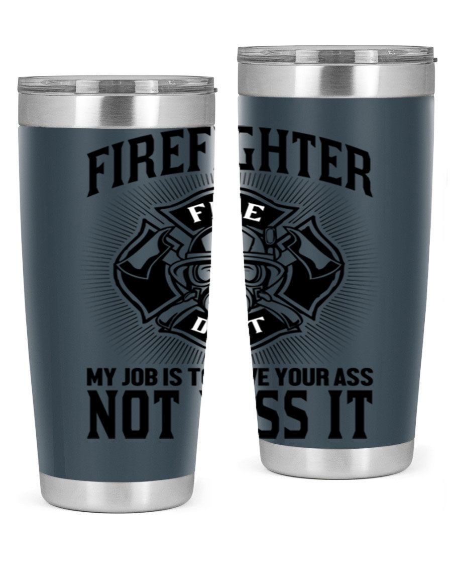 Fire Fighter my job Style 83# tumbler in stainless steel with a drink-thru lid, showcasing its double wall vacuum insulation.