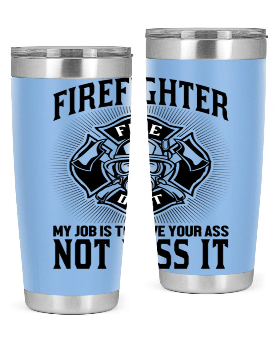 Fire Fighter my job Style 83# tumbler in stainless steel with a drink-thru lid, showcasing its double wall vacuum insulation.