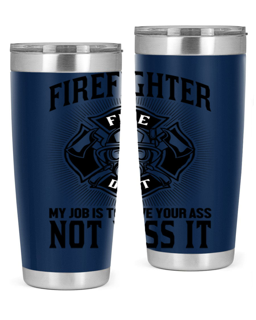Fire Fighter my job Style 83# tumbler in stainless steel with a drink-thru lid, showcasing its double wall vacuum insulation.