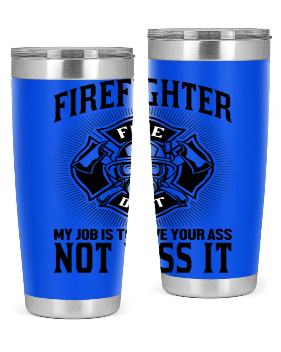 Fire Fighter my job Style 83# tumbler in stainless steel with a drink-thru lid, showcasing its double wall vacuum insulation.