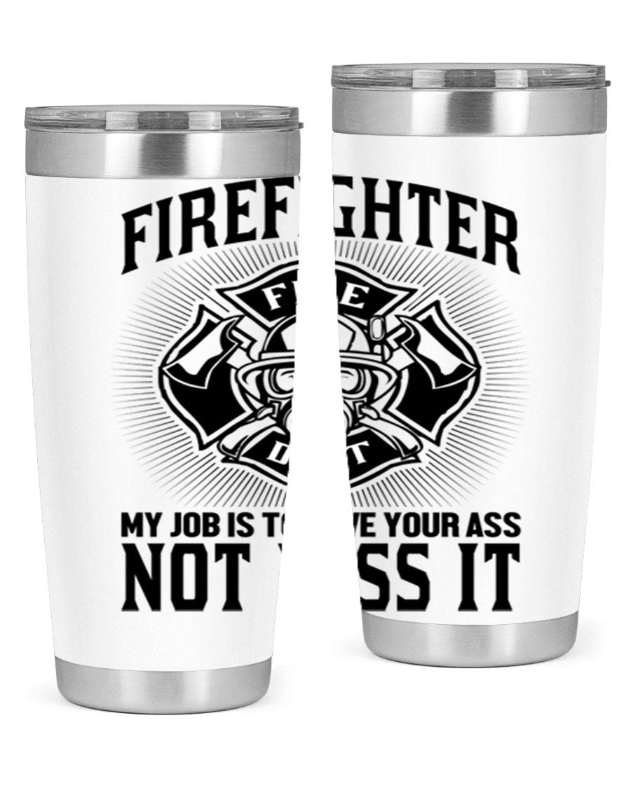 Fire Fighter my job Style 83# tumbler in stainless steel with a drink-thru lid, showcasing its double wall vacuum insulation.