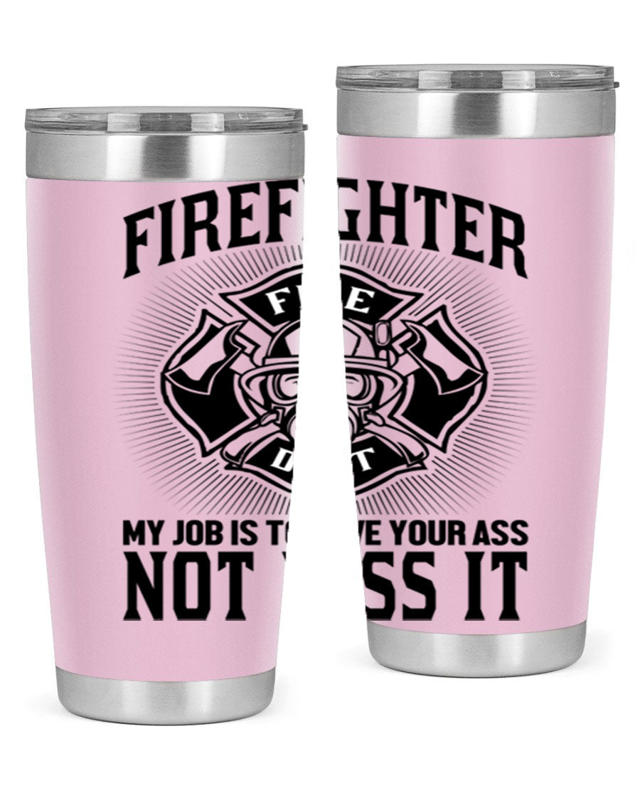 Fire Fighter my job Style 83# tumbler in stainless steel with a drink-thru lid, showcasing its double wall vacuum insulation.