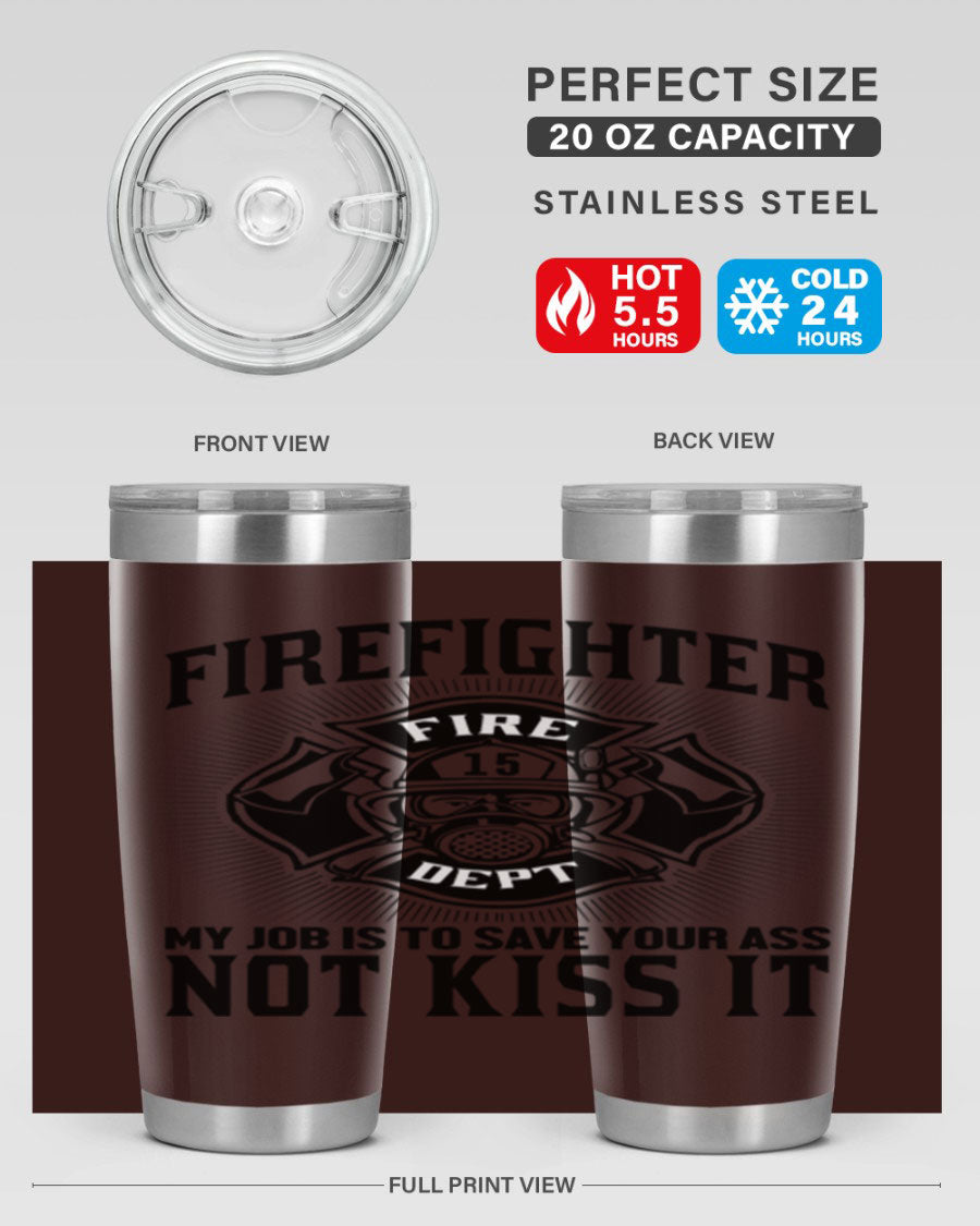 Fire Fighter my job Style 83# tumbler in stainless steel with a drink-thru lid, showcasing its double wall vacuum insulation.