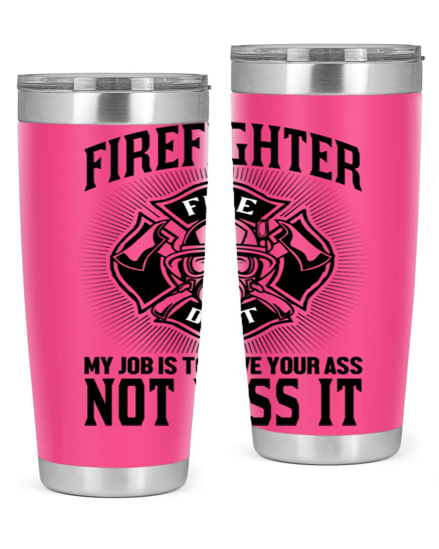 Fire Fighter my job Style 83# tumbler in stainless steel with a drink-thru lid, showcasing its double wall vacuum insulation.