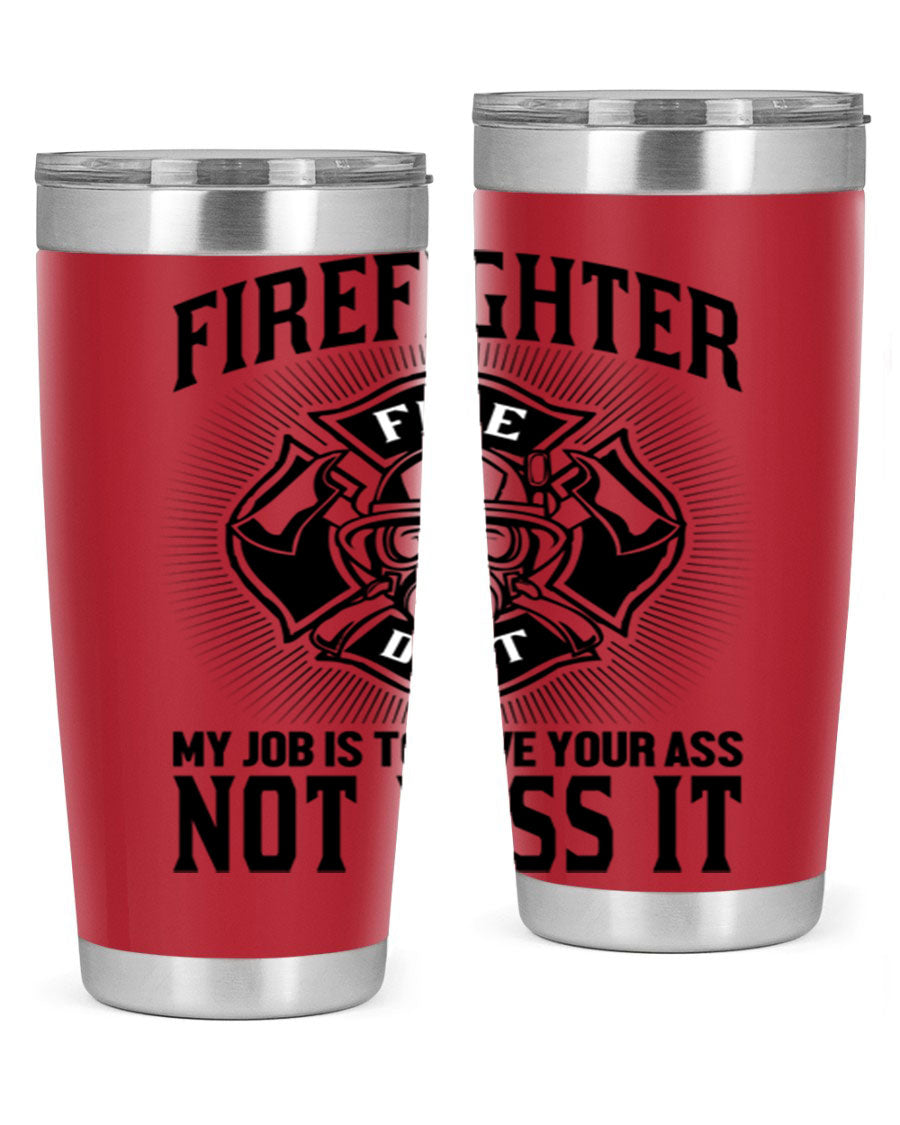 Fire Fighter my job Style 83# tumbler in stainless steel with a drink-thru lid, showcasing its double wall vacuum insulation.