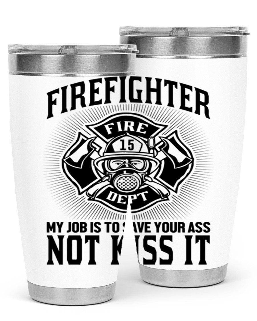 Fire Fighter my job Style 83# tumbler in stainless steel with a drink-thru lid, showcasing its double wall vacuum insulation.