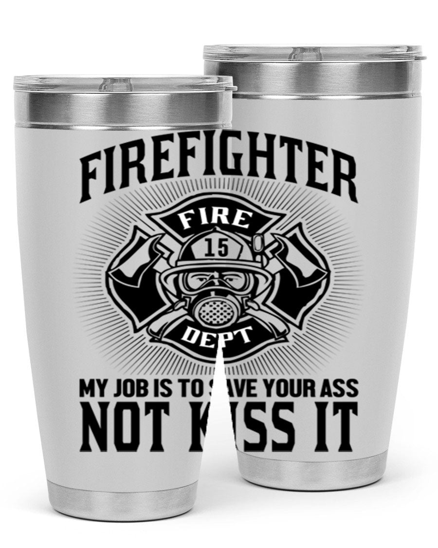 Fire Fighter my job Style 83# tumbler in stainless steel with a drink-thru lid, showcasing its double wall vacuum insulation.