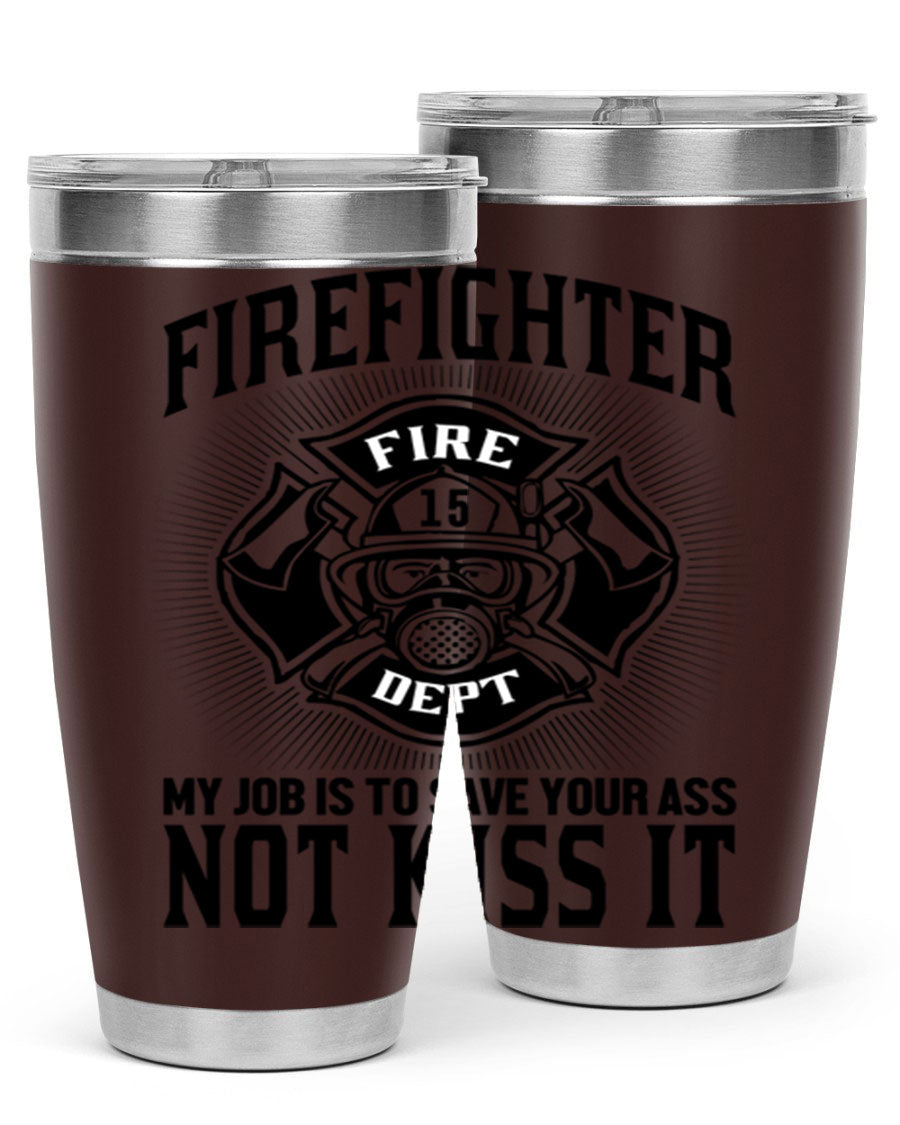Fire Fighter my job Style 83# tumbler in stainless steel with a drink-thru lid, showcasing its double wall vacuum insulation.