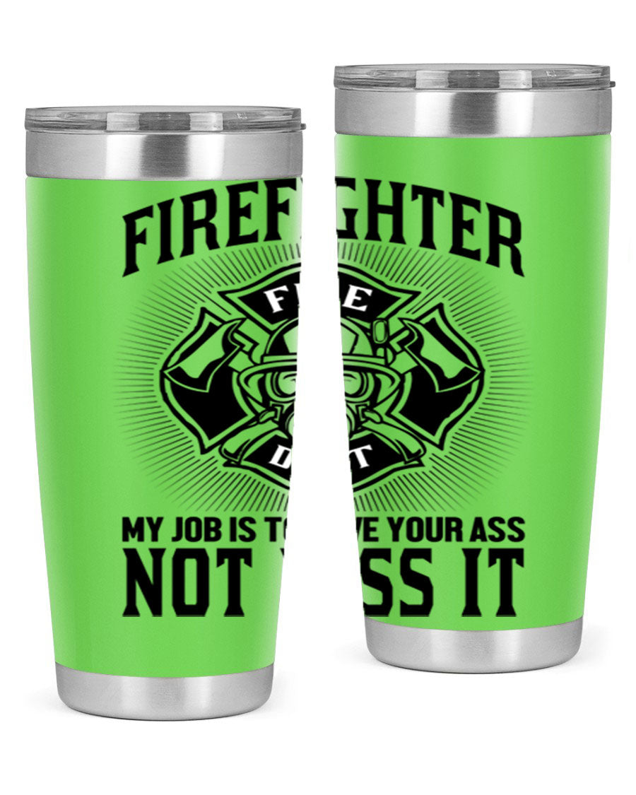 Fire Fighter my job Style 83# tumbler in stainless steel with a drink-thru lid, showcasing its double wall vacuum insulation.