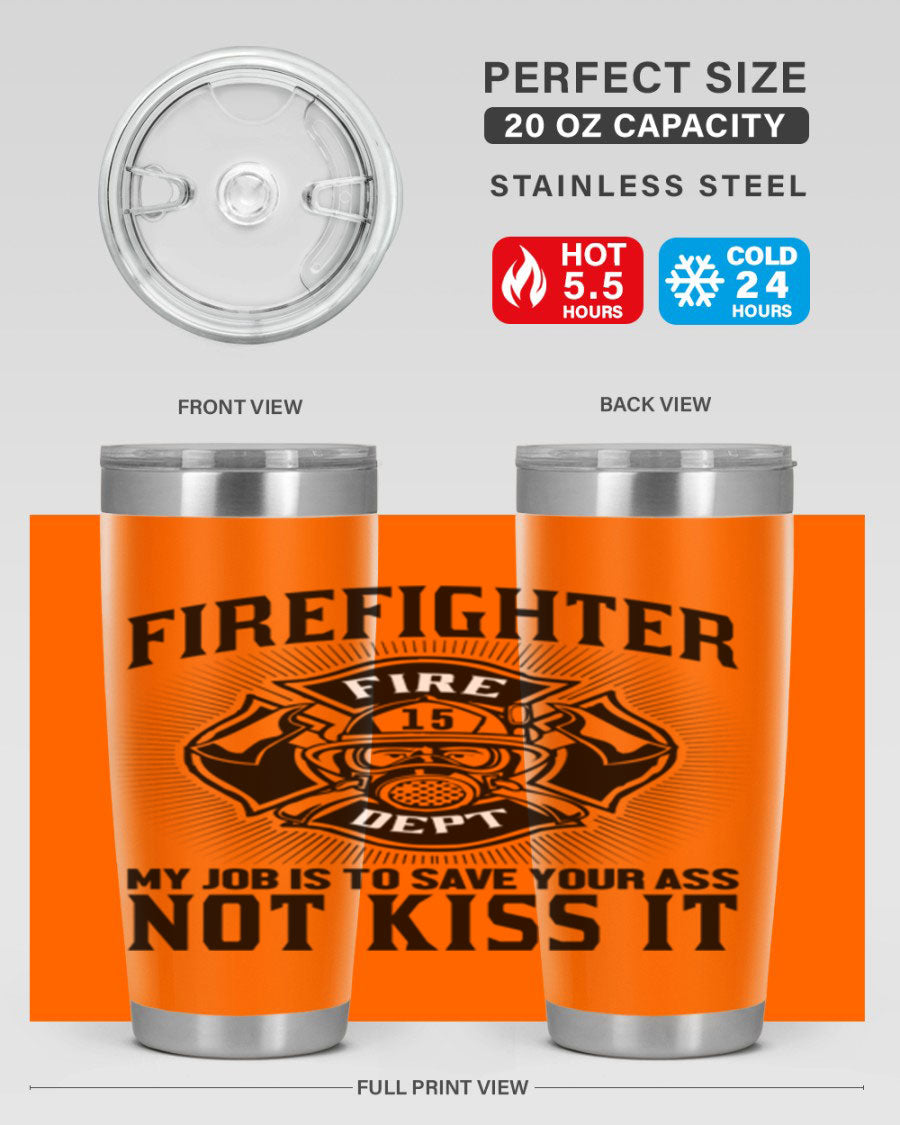 Fire Fighter my job Style 83# tumbler in stainless steel with a drink-thru lid, showcasing its double wall vacuum insulation.