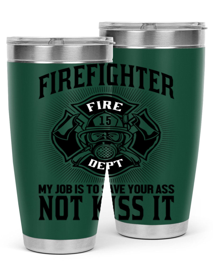 Fire Fighter my job Style 83# tumbler in stainless steel with a drink-thru lid, showcasing its double wall vacuum insulation.