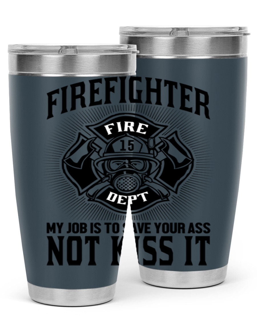 Fire Fighter my job Style 83# tumbler in stainless steel with a drink-thru lid, showcasing its double wall vacuum insulation.