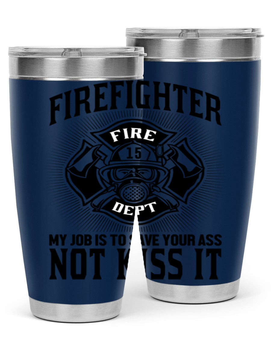 Fire Fighter my job Style 83# tumbler in stainless steel with a drink-thru lid, showcasing its double wall vacuum insulation.