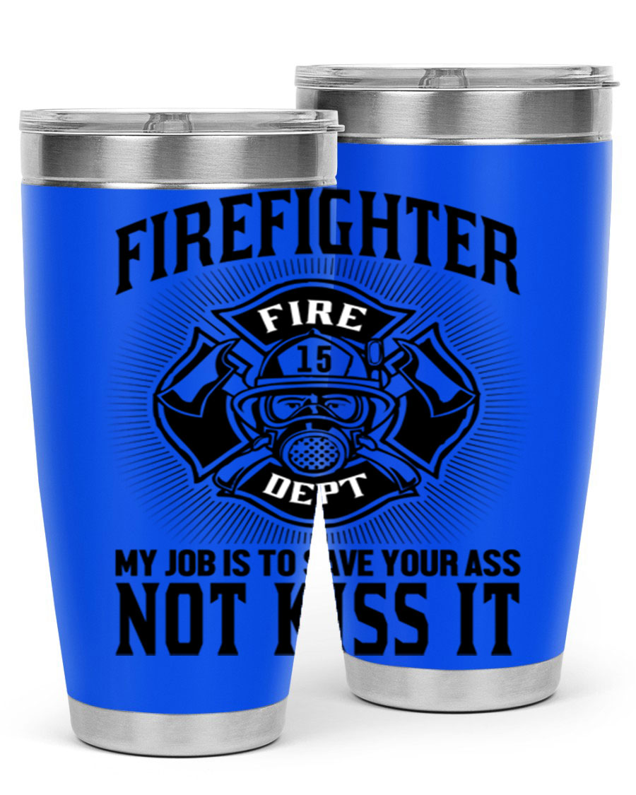 Fire Fighter my job Style 83# tumbler in stainless steel with a drink-thru lid, showcasing its double wall vacuum insulation.