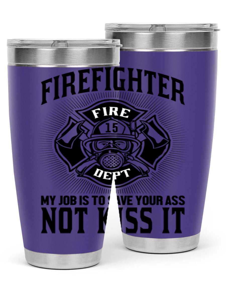 Fire Fighter my job Style 83# tumbler in stainless steel with a drink-thru lid, showcasing its double wall vacuum insulation.