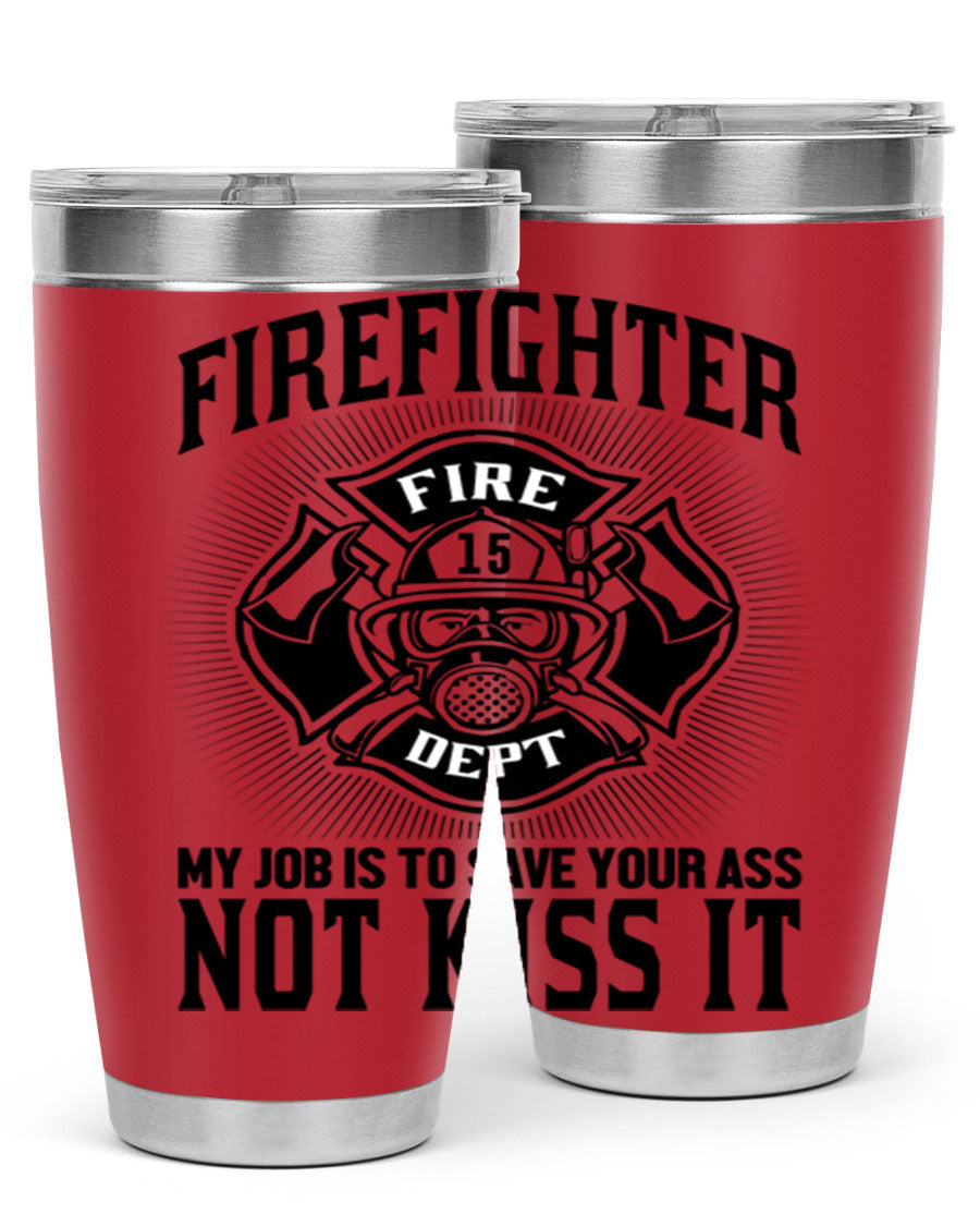 Fire Fighter my job Style 83# tumbler in stainless steel with a drink-thru lid, showcasing its double wall vacuum insulation.