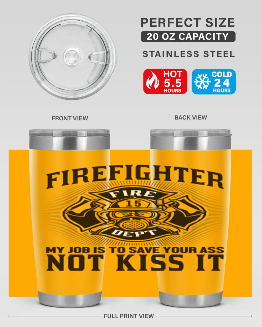 Fire Fighter my job Style 83# tumbler in stainless steel with a drink-thru lid, showcasing its double wall vacuum insulation.