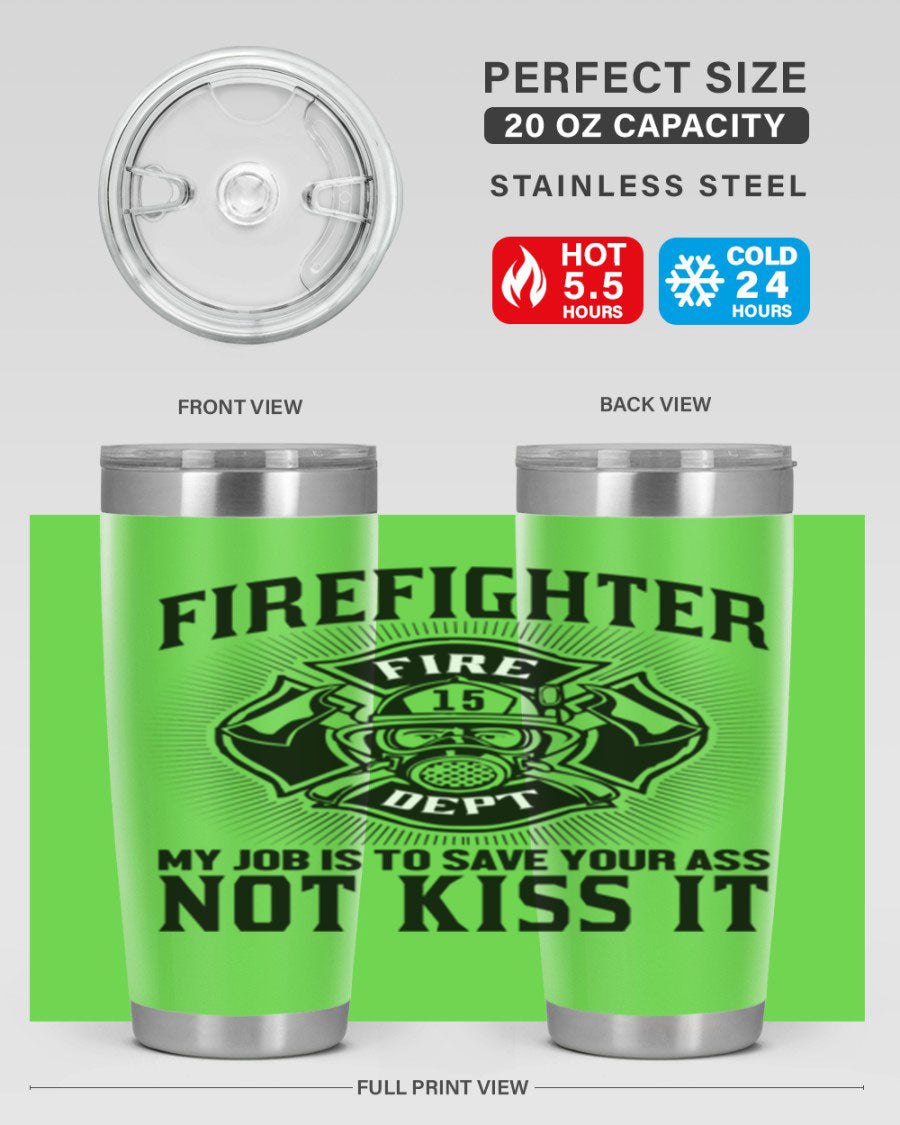 Fire Fighter my job Style 83# tumbler in stainless steel with a drink-thru lid, showcasing its double wall vacuum insulation.