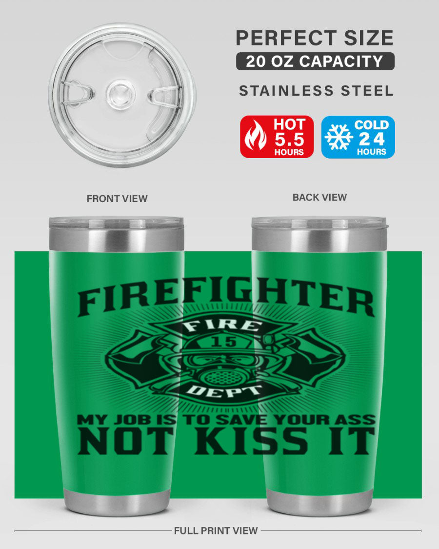 Fire Fighter my job Style 83# tumbler in stainless steel with a drink-thru lid, showcasing its double wall vacuum insulation.