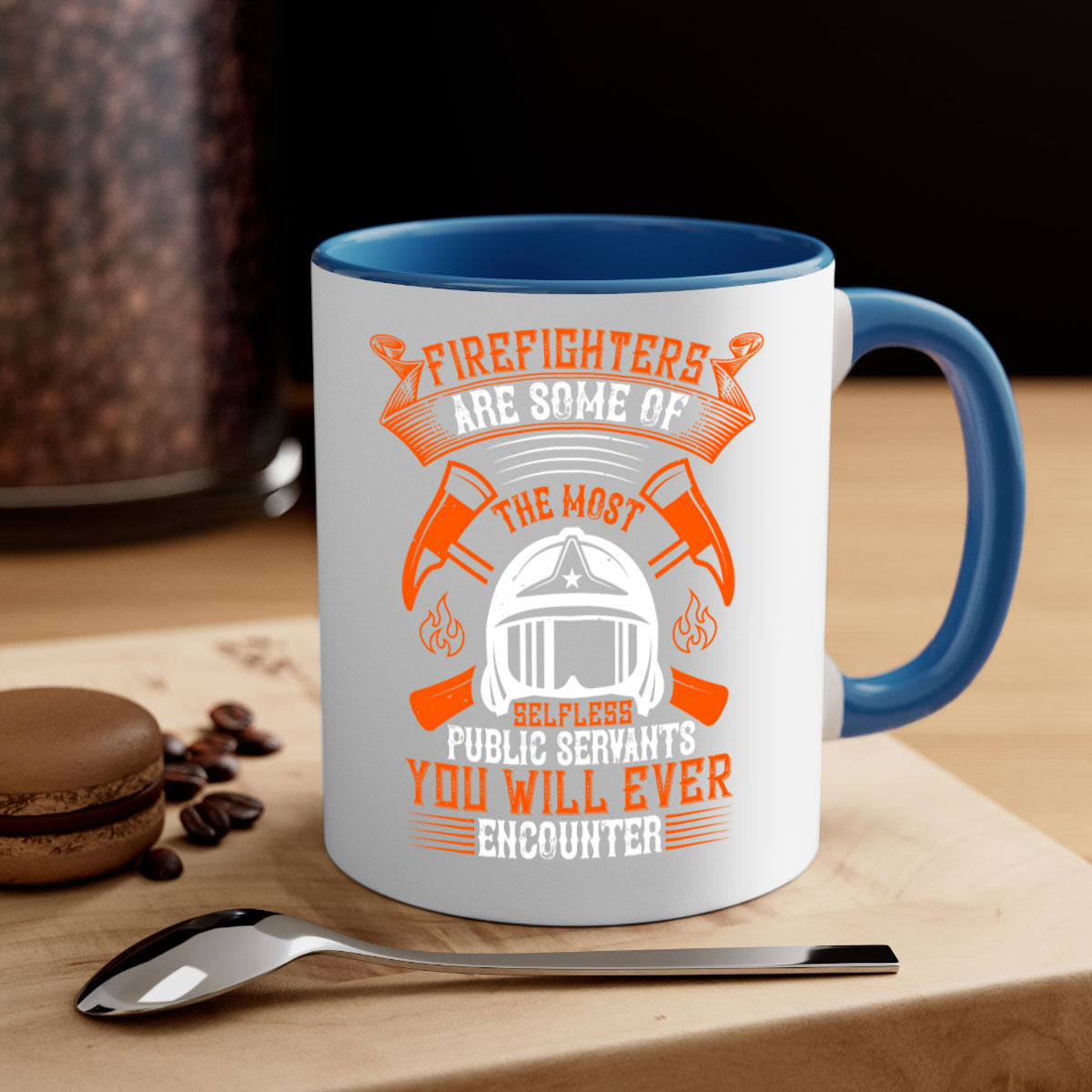Two-tone ceramic mug featuring a firefighter tribute design, available in multiple colors with a glossy finish.
