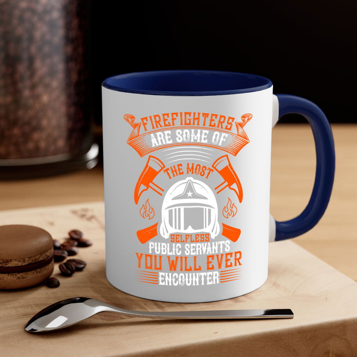 Two-tone ceramic mug featuring a firefighter tribute design, available in multiple colors with a glossy finish.