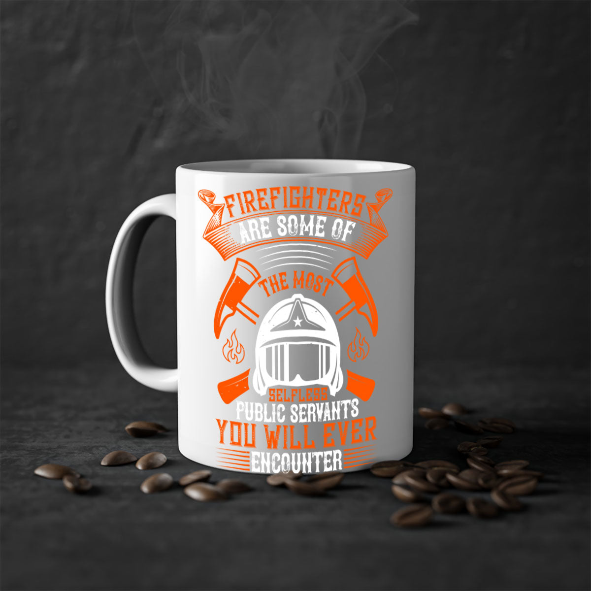 Two-tone ceramic mug featuring a firefighter tribute design, available in multiple colors with a glossy finish.