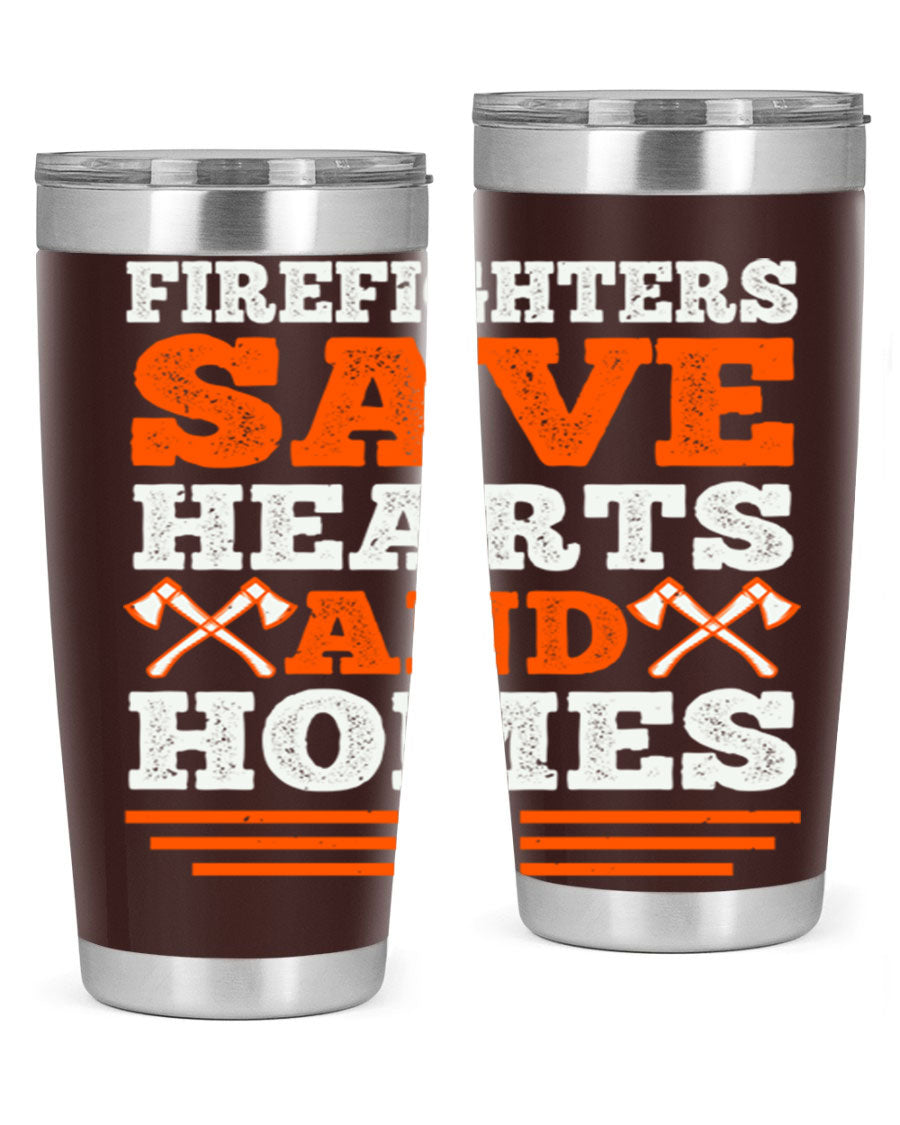 Firefighters Save Hearts and Homes tumbler, featuring a double wall vacuum stainless steel design with a vibrant print honoring firefighters.