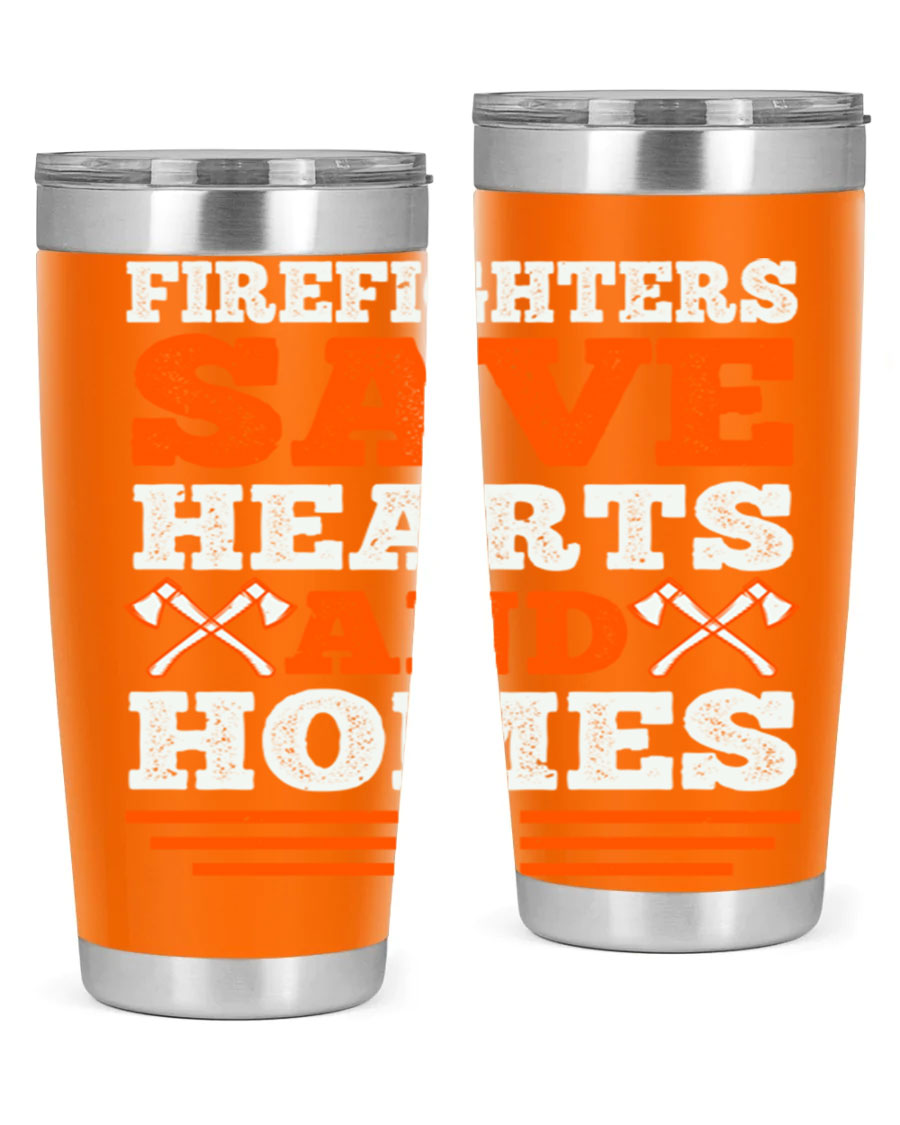 Firefighters Save Hearts and Homes tumbler, featuring a double wall vacuum stainless steel design with a vibrant print honoring firefighters.