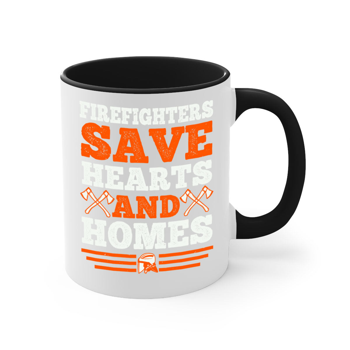 Firefighters save hearts and homes mug with a glossy finish and colored handle, available in multiple colors and sizes.